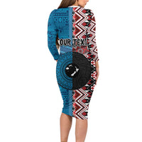 Personalised Aotearoa and Fiji Together Long Sleeve Bodycon Dress Melanesian Warrior and Koru - Taniko with Hibiscus Tapa Pattern LT03 - Polynesian Pride