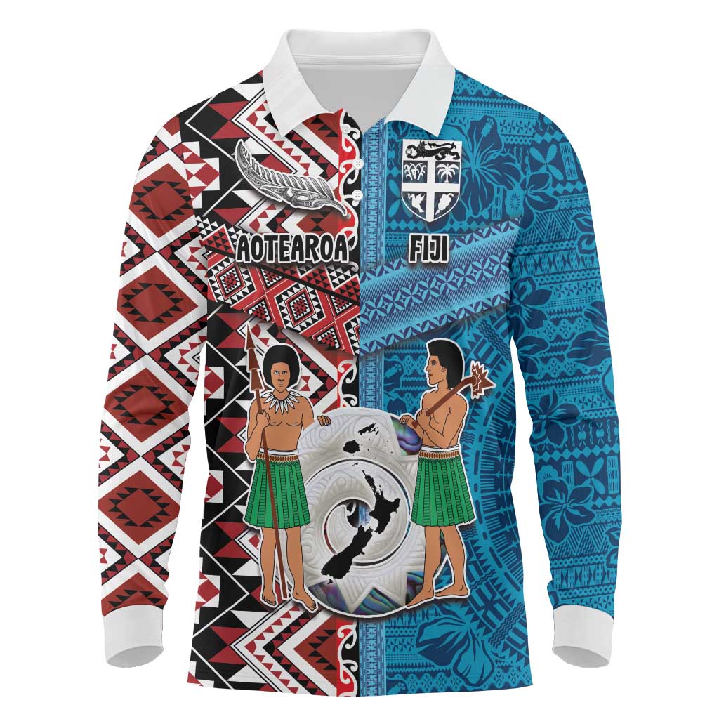 Personalised Aotearoa and Fiji Together Long Sleeve Polo Shirt Melanesian Warrior and Koru - Taniko with Hibiscus Tapa Pattern LT03 Blue - Polynesian Pride