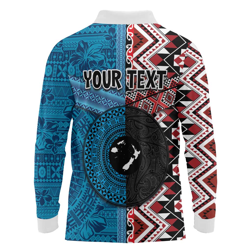 Personalised Aotearoa and Fiji Together Long Sleeve Polo Shirt Melanesian Warrior and Koru - Taniko with Hibiscus Tapa Pattern LT03 - Polynesian Pride