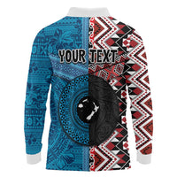Personalised Aotearoa and Fiji Together Long Sleeve Polo Shirt Melanesian Warrior and Koru - Taniko with Hibiscus Tapa Pattern LT03 - Polynesian Pride