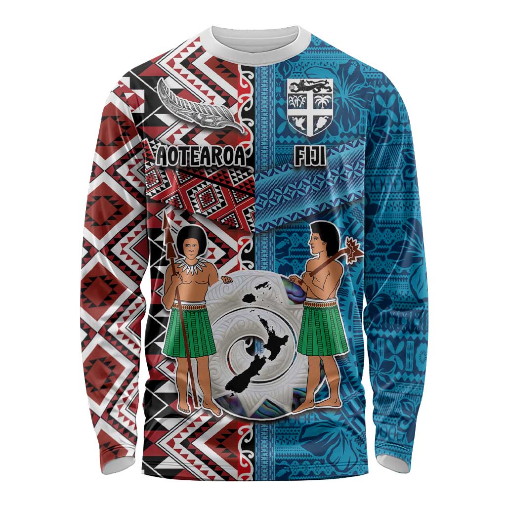 Personalised Aotearoa and Fiji Together Long Sleeve Shirt Melanesian Warrior and Koru - Taniko with Hibiscus Tapa Pattern LT03 Unisex Blue - Polynesian Pride