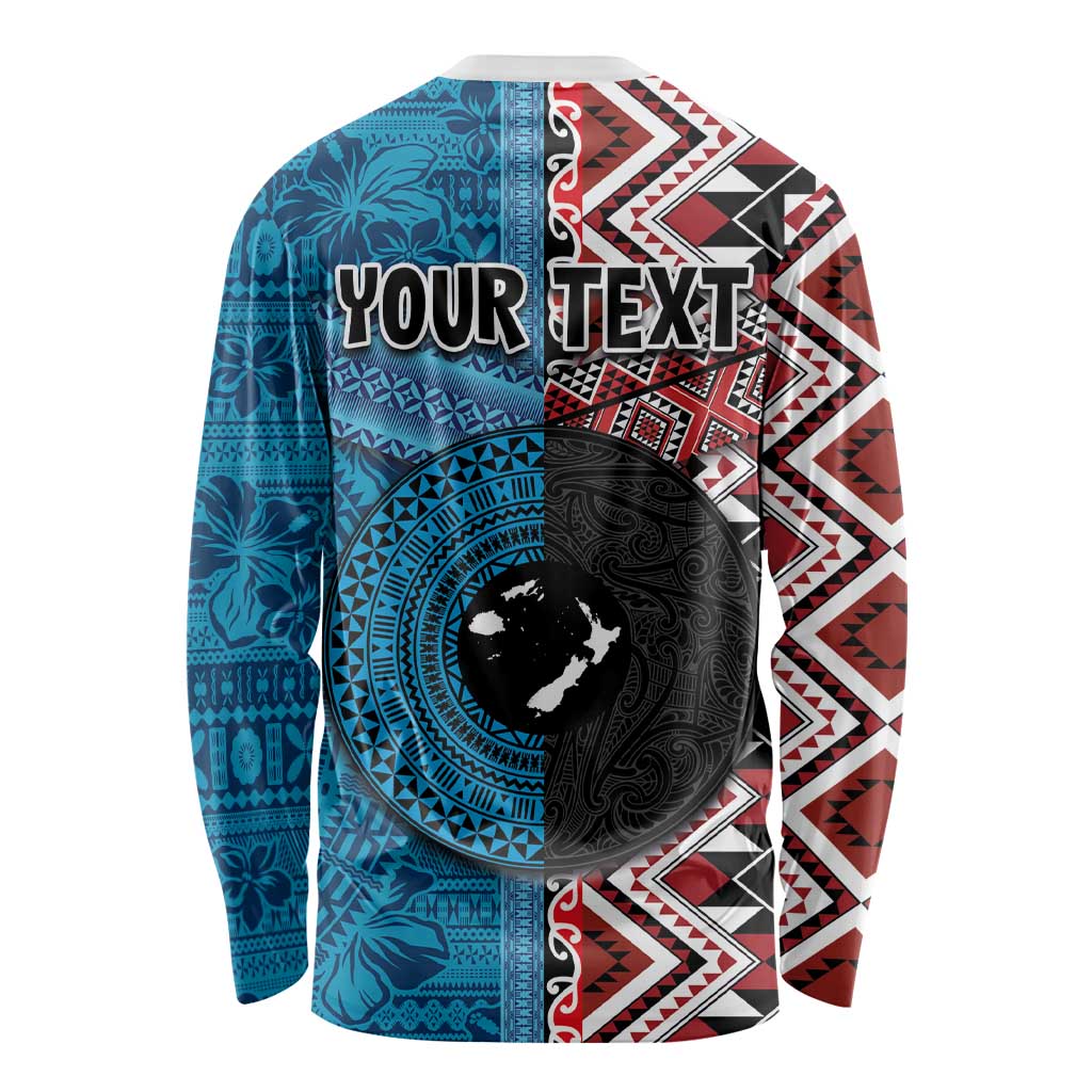 Personalised Aotearoa and Fiji Together Long Sleeve Shirt Melanesian Warrior and Koru - Taniko with Hibiscus Tapa Pattern LT03 - Polynesian Pride