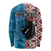 Personalised Aotearoa and Fiji Together Long Sleeve Shirt Melanesian Warrior and Koru - Taniko with Hibiscus Tapa Pattern LT03 - Polynesian Pride