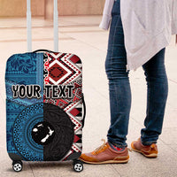 Personalised Aotearoa and Fiji Together Luggage Cover Melanesian Warrior and Koru - Taniko with Hibiscus Tapa Pattern LT03 Blue - Polynesian Pride