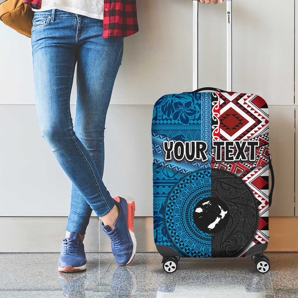 Personalised Aotearoa and Fiji Together Luggage Cover Melanesian Warrior and Koru - Taniko with Hibiscus Tapa Pattern LT03 - Polynesian Pride