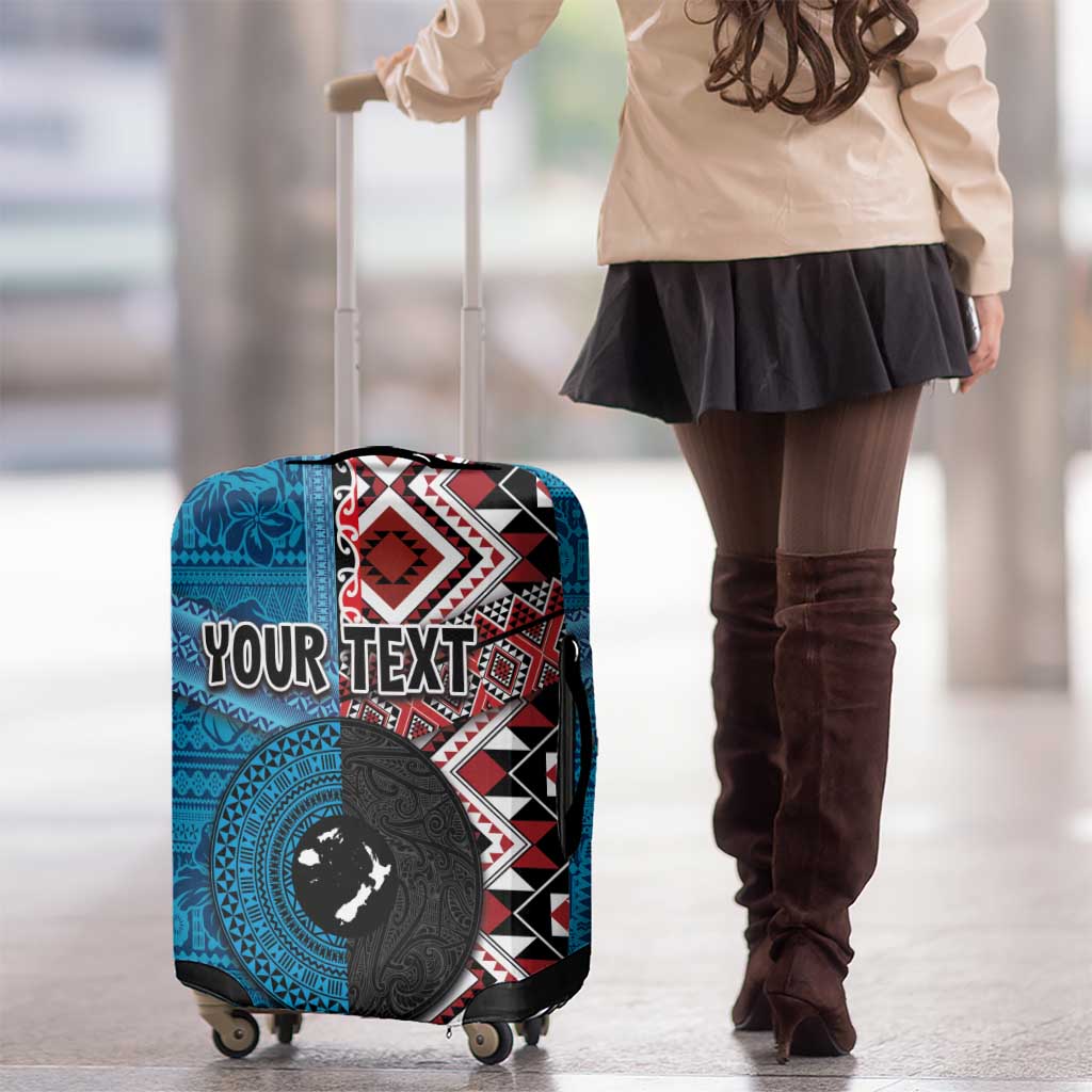 Personalised Aotearoa and Fiji Together Luggage Cover Melanesian Warrior and Koru - Taniko with Hibiscus Tapa Pattern LT03 - Polynesian Pride