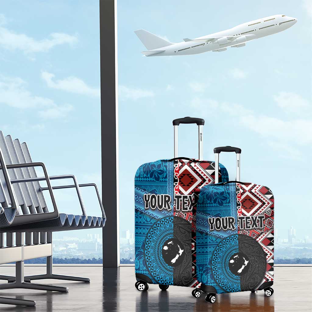 Personalised Aotearoa and Fiji Together Luggage Cover Melanesian Warrior and Koru - Taniko with Hibiscus Tapa Pattern LT03 - Polynesian Pride