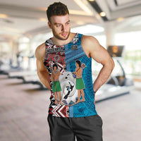 Personalised Aotearoa and Fiji Together Men Tank Top Melanesian Warrior and Koru - Taniko with Hibiscus Tapa Pattern LT03 Blue - Polynesian Pride