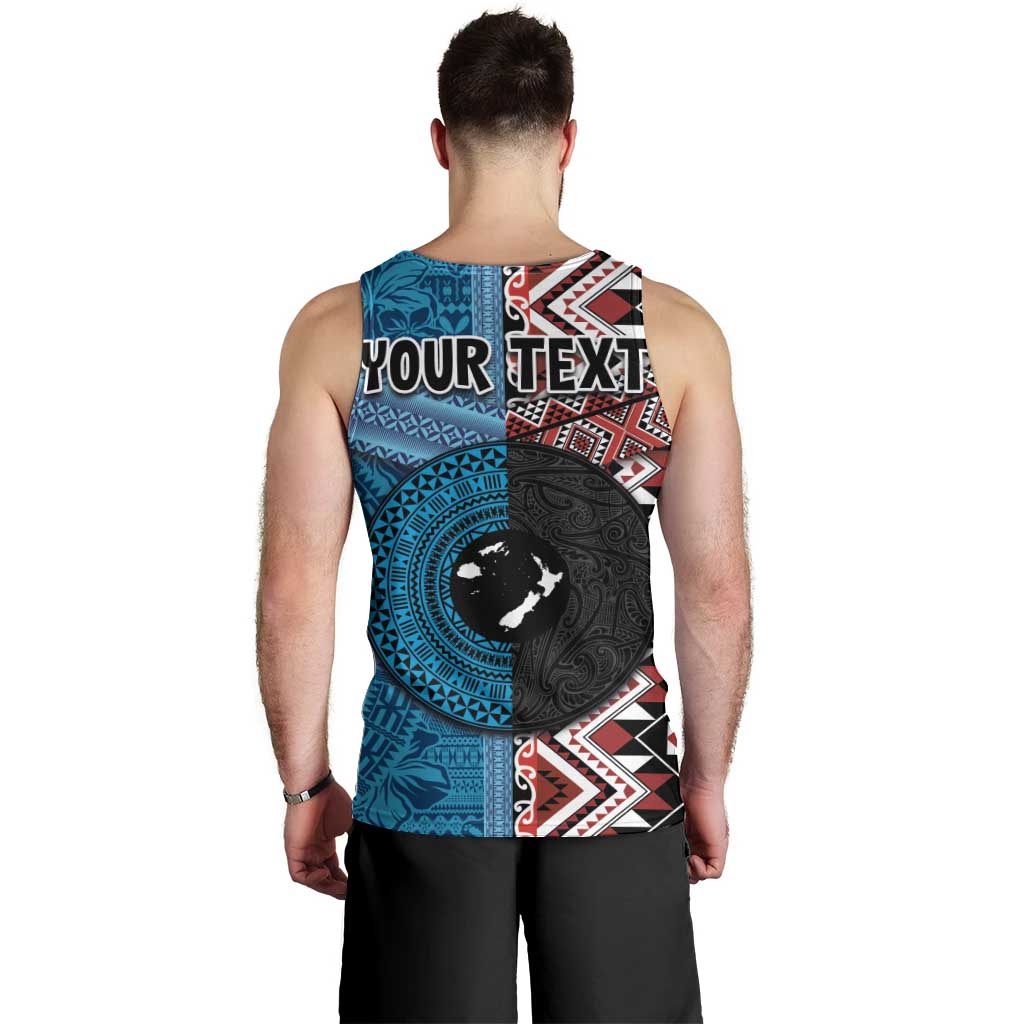 Personalised Aotearoa and Fiji Together Men Tank Top Melanesian Warrior and Koru - Taniko with Hibiscus Tapa Pattern LT03 - Polynesian Pride