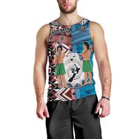 Personalised Aotearoa and Fiji Together Men Tank Top Melanesian Warrior and Koru - Taniko with Hibiscus Tapa Pattern LT03 - Polynesian Pride