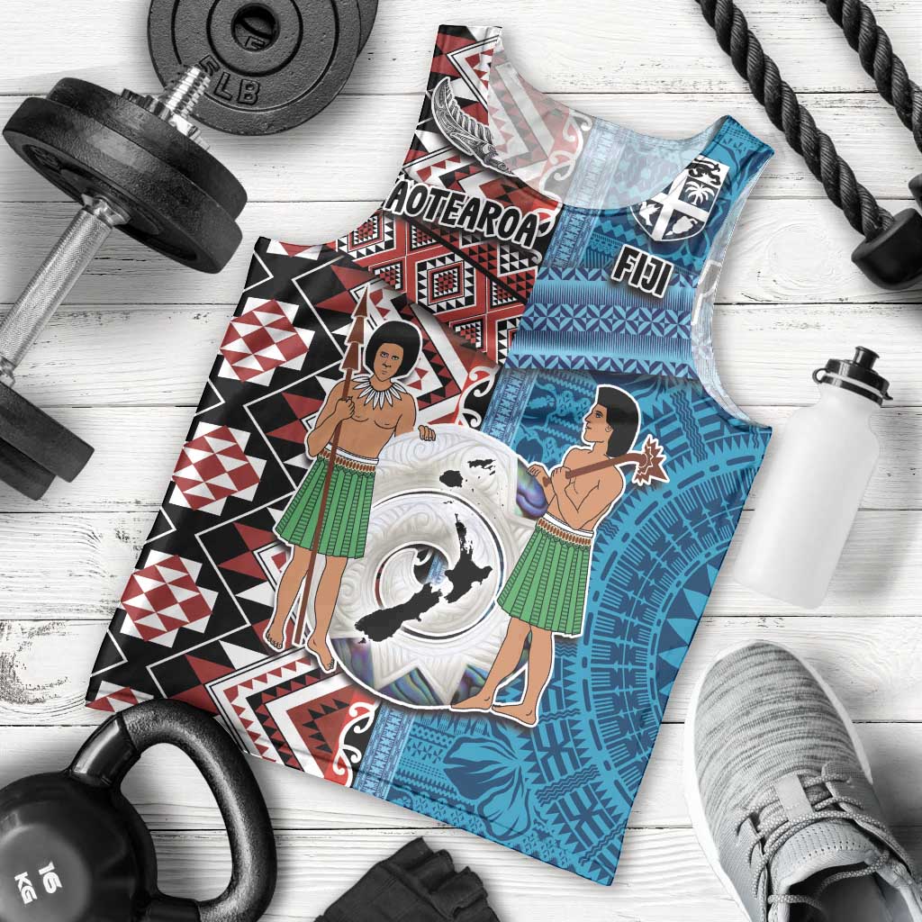 Personalised Aotearoa and Fiji Together Men Tank Top Melanesian Warrior and Koru - Taniko with Hibiscus Tapa Pattern LT03 - Polynesian Pride