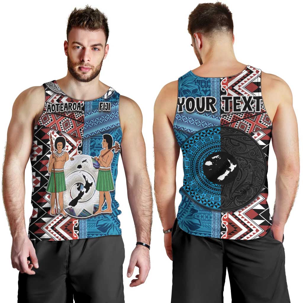 Personalised Aotearoa and Fiji Together Men Tank Top Melanesian Warrior and Koru - Taniko with Hibiscus Tapa Pattern LT03 - Polynesian Pride