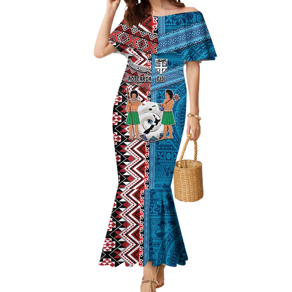 Personalised Aotearoa and Fiji Together Mermaid Dress Melanesian Warrior and Koru - Taniko with Hibiscus Tapa Pattern LT03 Women Blue - Polynesian Pride
