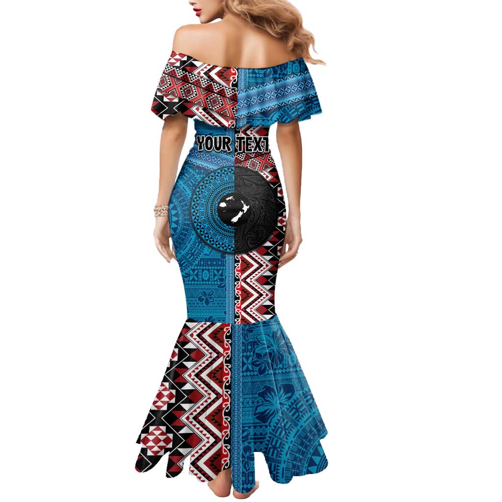 Personalised Aotearoa and Fiji Together Mermaid Dress Melanesian Warrior and Koru - Taniko with Hibiscus Tapa Pattern LT03 - Polynesian Pride