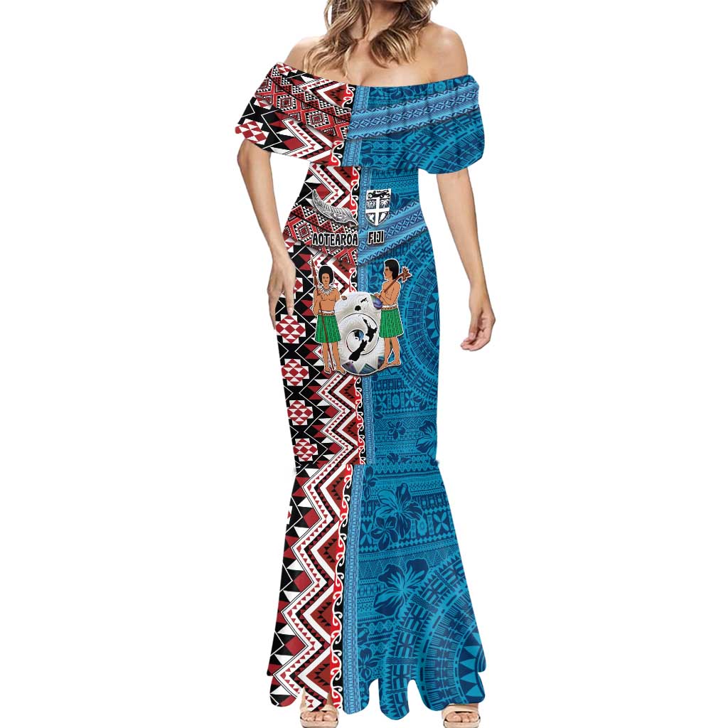 Personalised Aotearoa and Fiji Together Mermaid Dress Melanesian Warrior and Koru - Taniko with Hibiscus Tapa Pattern LT03 - Polynesian Pride