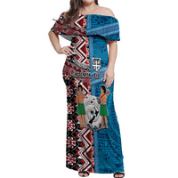 Personalised Aotearoa and Fiji Together Off Shoulder Maxi Dress Melanesian Warrior and Koru - Taniko with Hibiscus Tapa Pattern LT03 Women Blue - Polynesian Pride