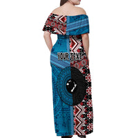 Personalised Aotearoa and Fiji Together Off Shoulder Maxi Dress Melanesian Warrior and Koru - Taniko with Hibiscus Tapa Pattern LT03 - Polynesian Pride