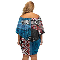 Personalised Aotearoa and Fiji Together Off Shoulder Short Dress Melanesian Warrior and Koru - Taniko with Hibiscus Tapa Pattern LT03 - Polynesian Pride