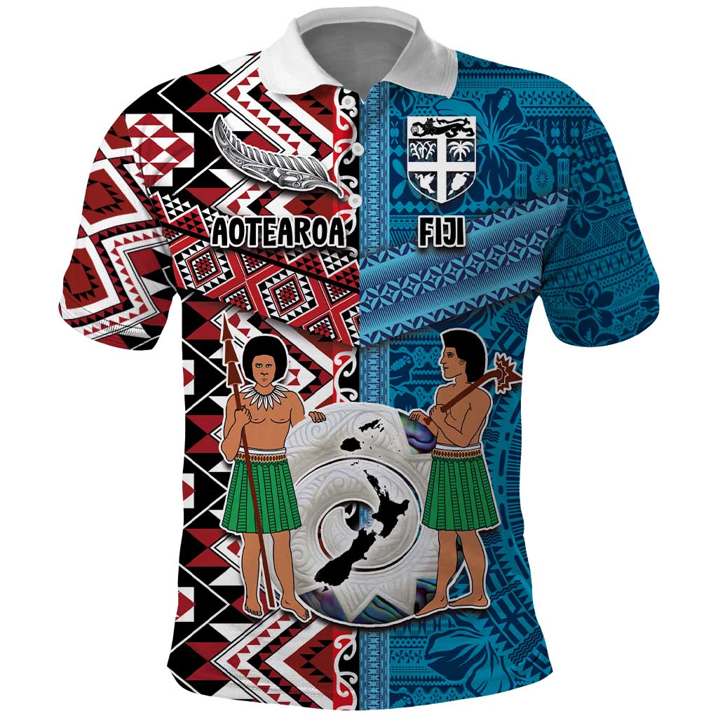 Personalised Aotearoa and Fiji Together Polo Shirt Melanesian Warrior and Koru - Taniko with Hibiscus Tapa Pattern LT03 Blue - Polynesian Pride