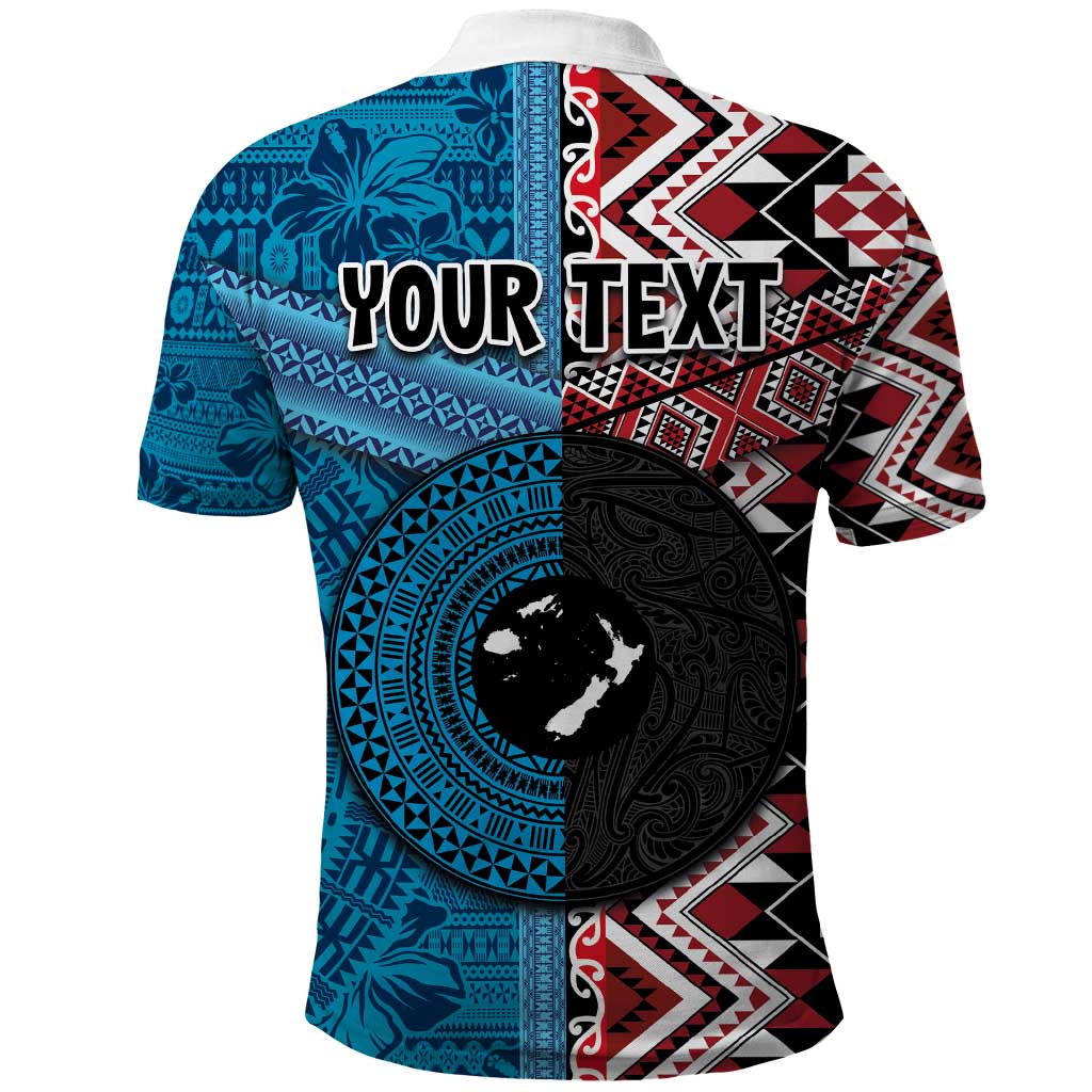 Personalised Aotearoa and Fiji Together Polo Shirt Melanesian Warrior and Koru - Taniko with Hibiscus Tapa Pattern LT03 - Polynesian Pride
