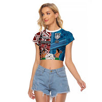 Personalised Aotearoa and Fiji Together Raglan Cropped T Shirt Melanesian Warrior and Koru - Taniko with Hibiscus Tapa Pattern LT03 Female Blue - Polynesian Pride