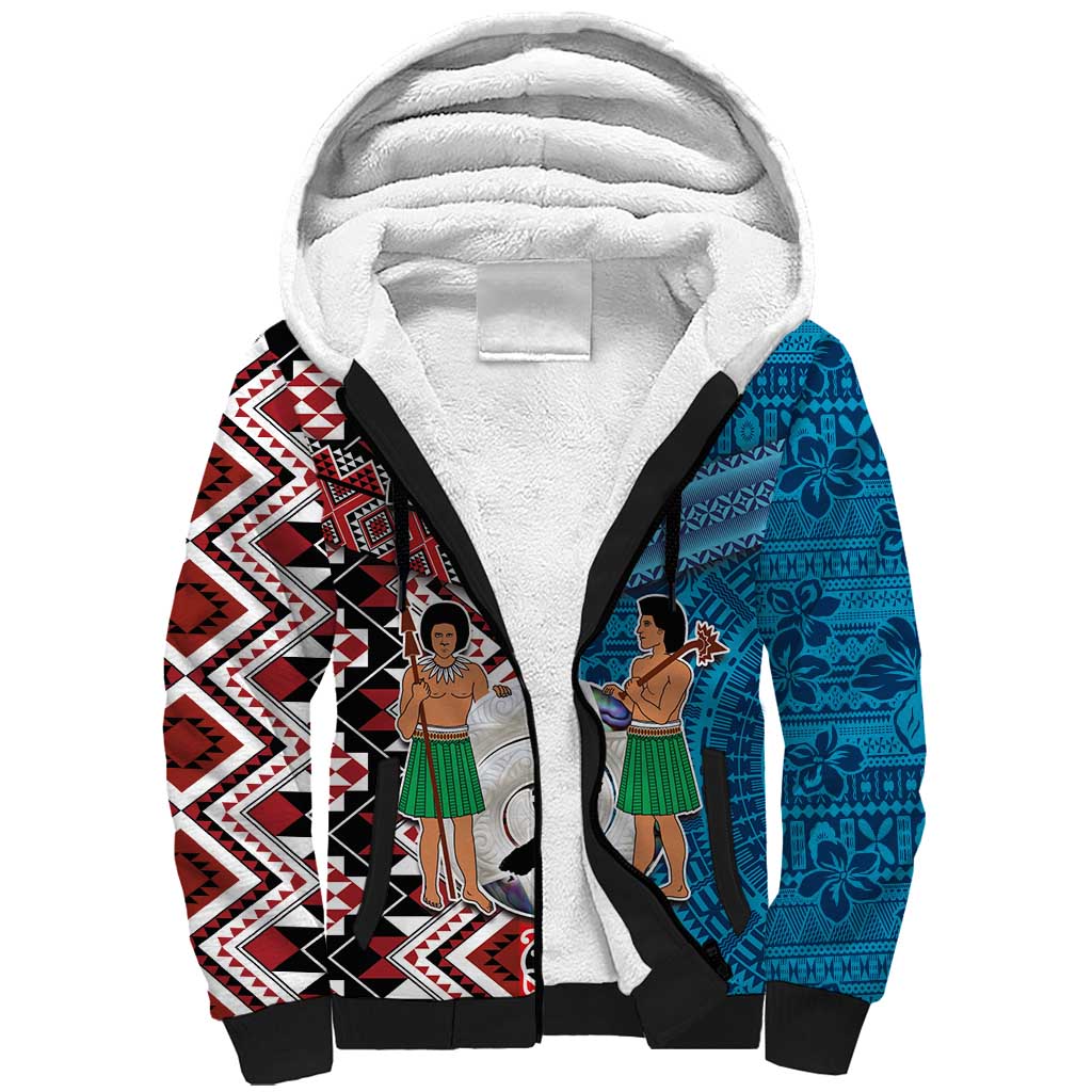 Personalised Aotearoa and Fiji Together Sherpa Hoodie Melanesian Warrior and Koru - Taniko with Hibiscus Tapa Pattern LT03 Unisex Blue - Polynesian Pride