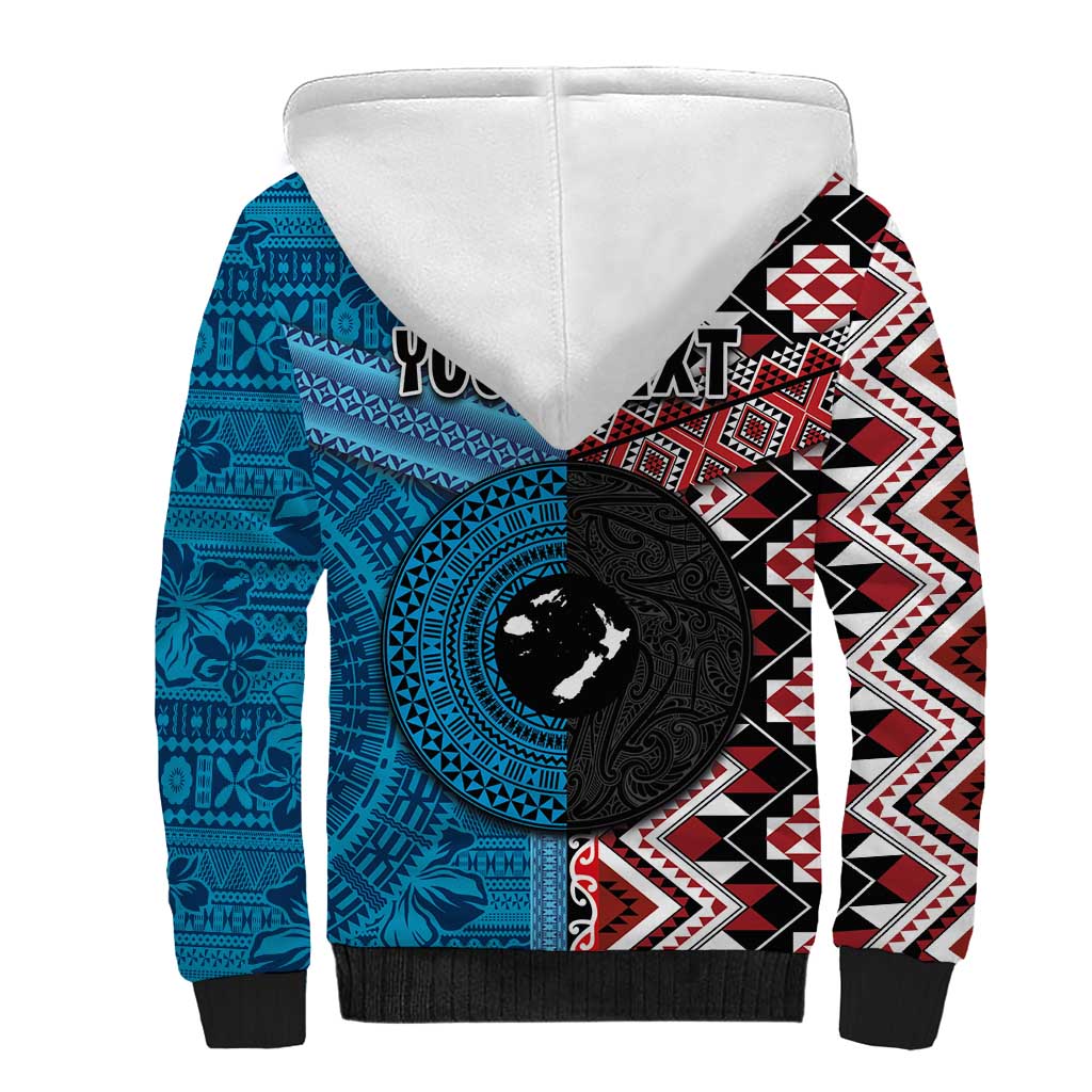 Personalised Aotearoa and Fiji Together Sherpa Hoodie Melanesian Warrior and Koru - Taniko with Hibiscus Tapa Pattern LT03 - Polynesian Pride
