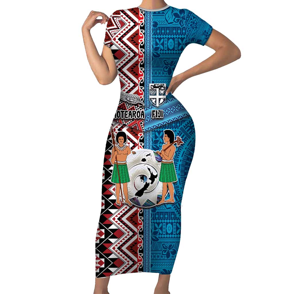 Personalised Aotearoa and Fiji Together Short Sleeve Bodycon Dress Melanesian Warrior and Koru - Taniko with Hibiscus Tapa Pattern LT03 Long Dress Blue - Polynesian Pride