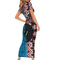 Personalised Aotearoa and Fiji Together Short Sleeve Bodycon Dress Melanesian Warrior and Koru - Taniko with Hibiscus Tapa Pattern LT03 - Polynesian Pride