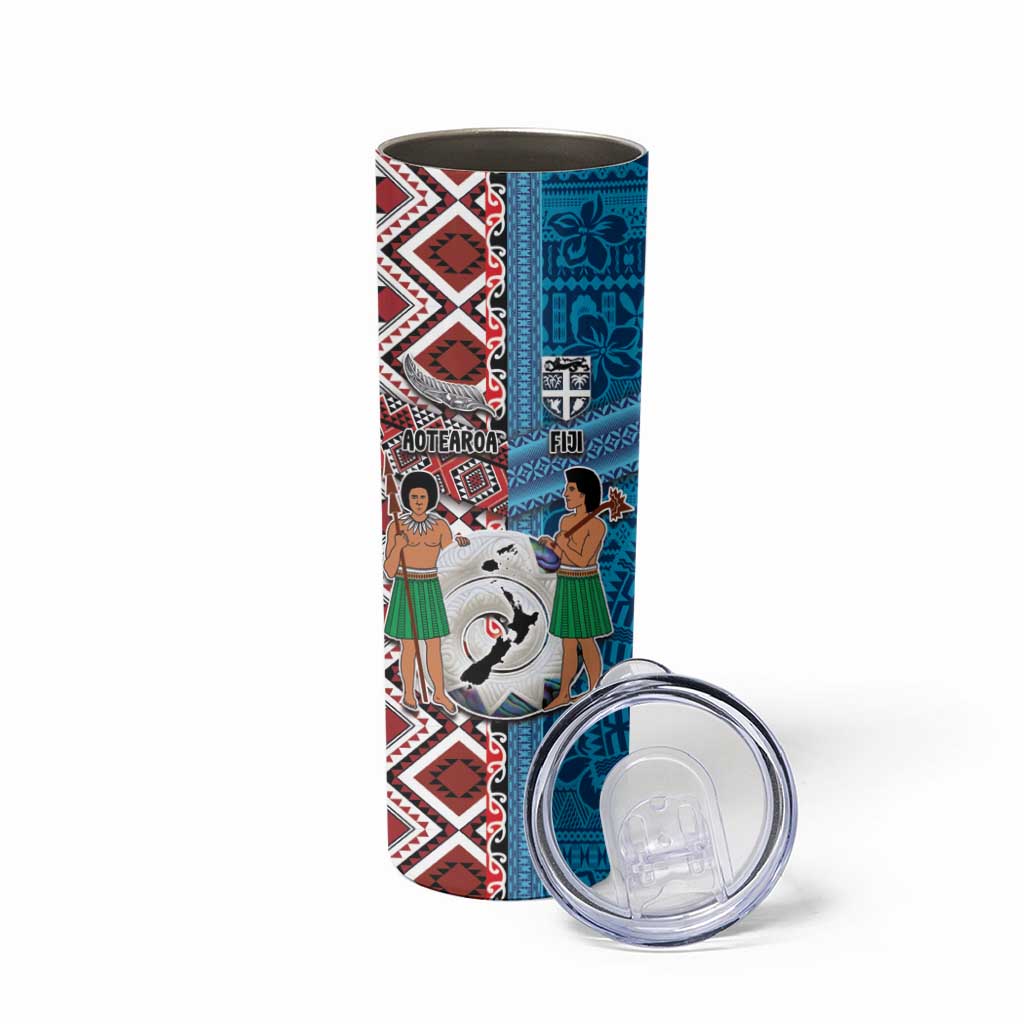 Personalised Aotearoa and Fiji Together Skinny Tumbler Melanesian Warrior and Koru - Taniko with Hibiscus Tapa Pattern LT03 - Polynesian Pride