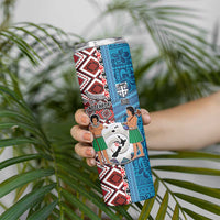Personalised Aotearoa and Fiji Together Skinny Tumbler Melanesian Warrior and Koru - Taniko with Hibiscus Tapa Pattern LT03 - Polynesian Pride