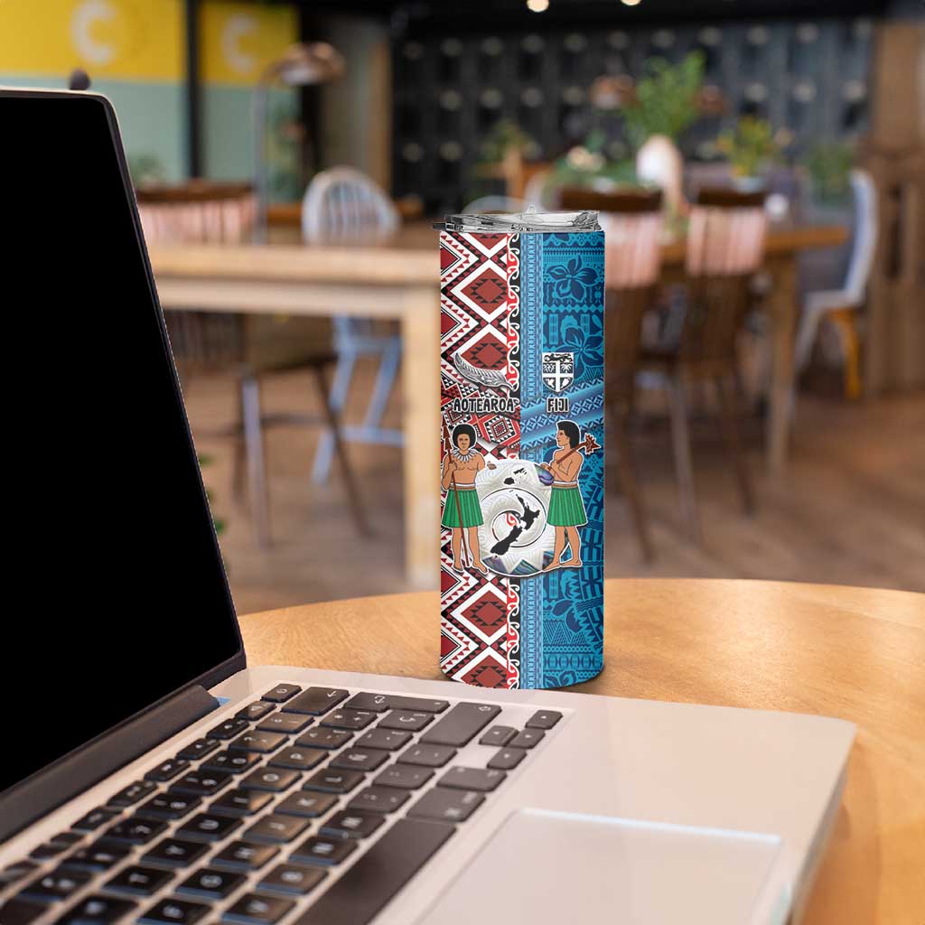 Personalised Aotearoa and Fiji Together Skinny Tumbler Melanesian Warrior and Koru - Taniko with Hibiscus Tapa Pattern LT03 - Polynesian Pride