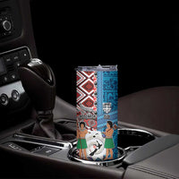 Personalised Aotearoa and Fiji Together Skinny Tumbler Melanesian Warrior and Koru - Taniko with Hibiscus Tapa Pattern LT03 - Polynesian Pride