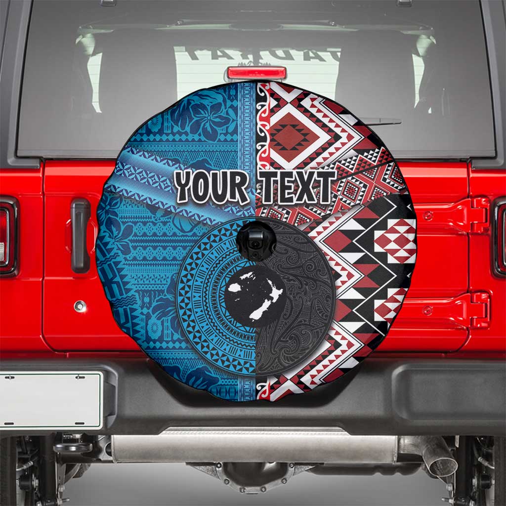 Personalised Aotearoa and Fiji Together Spare Tire Cover Melanesian Warrior and Koru - Taniko with Hibiscus Tapa Pattern LT03 - Polynesian Pride