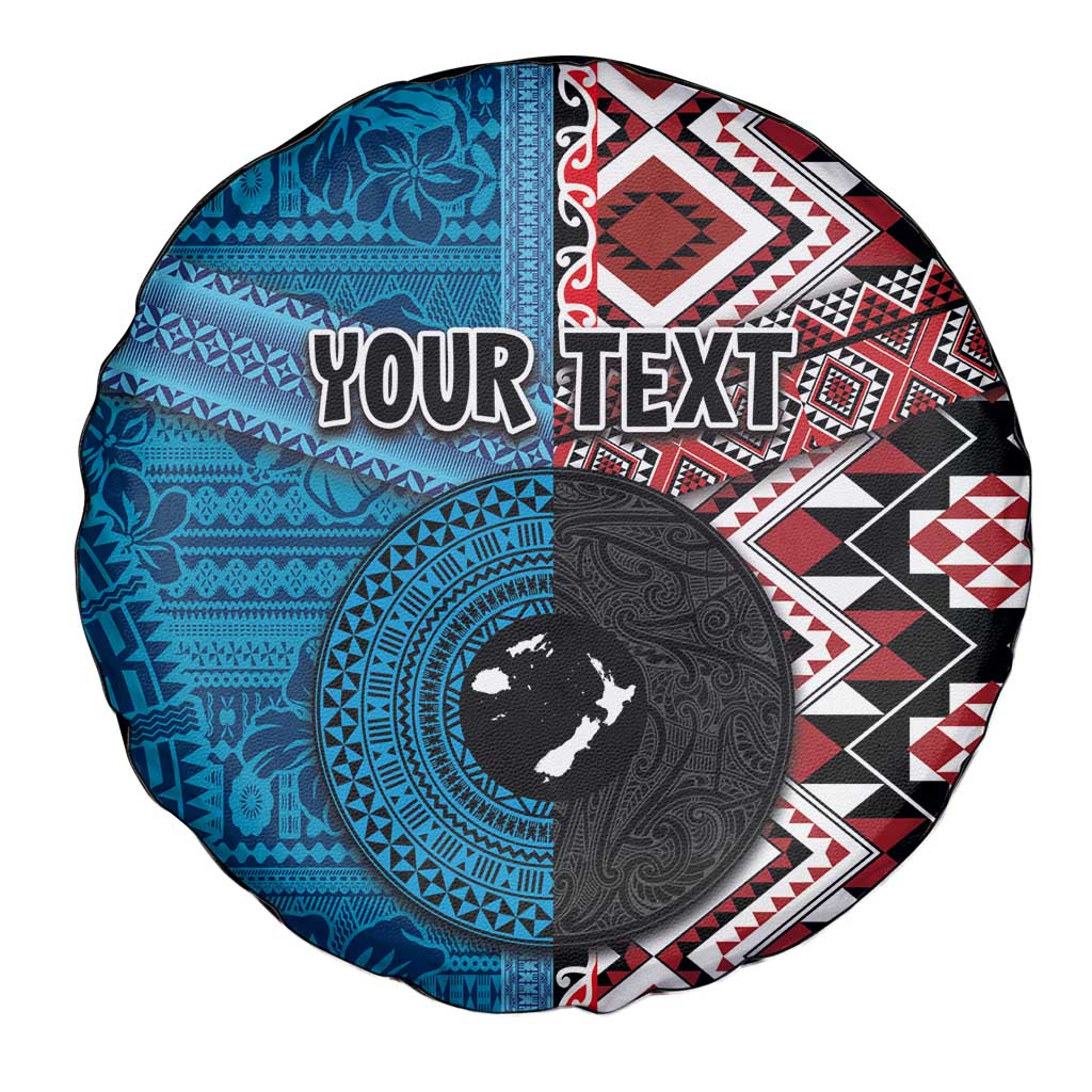 Personalised Aotearoa and Fiji Together Spare Tire Cover Melanesian Warrior and Koru - Taniko with Hibiscus Tapa Pattern LT03 - Polynesian Pride