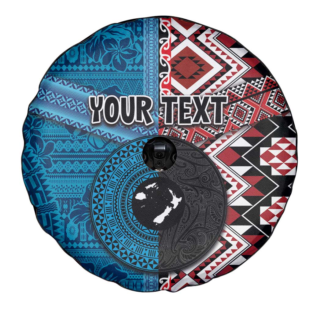 Personalised Aotearoa and Fiji Together Spare Tire Cover Melanesian Warrior and Koru - Taniko with Hibiscus Tapa Pattern LT03 - Polynesian Pride