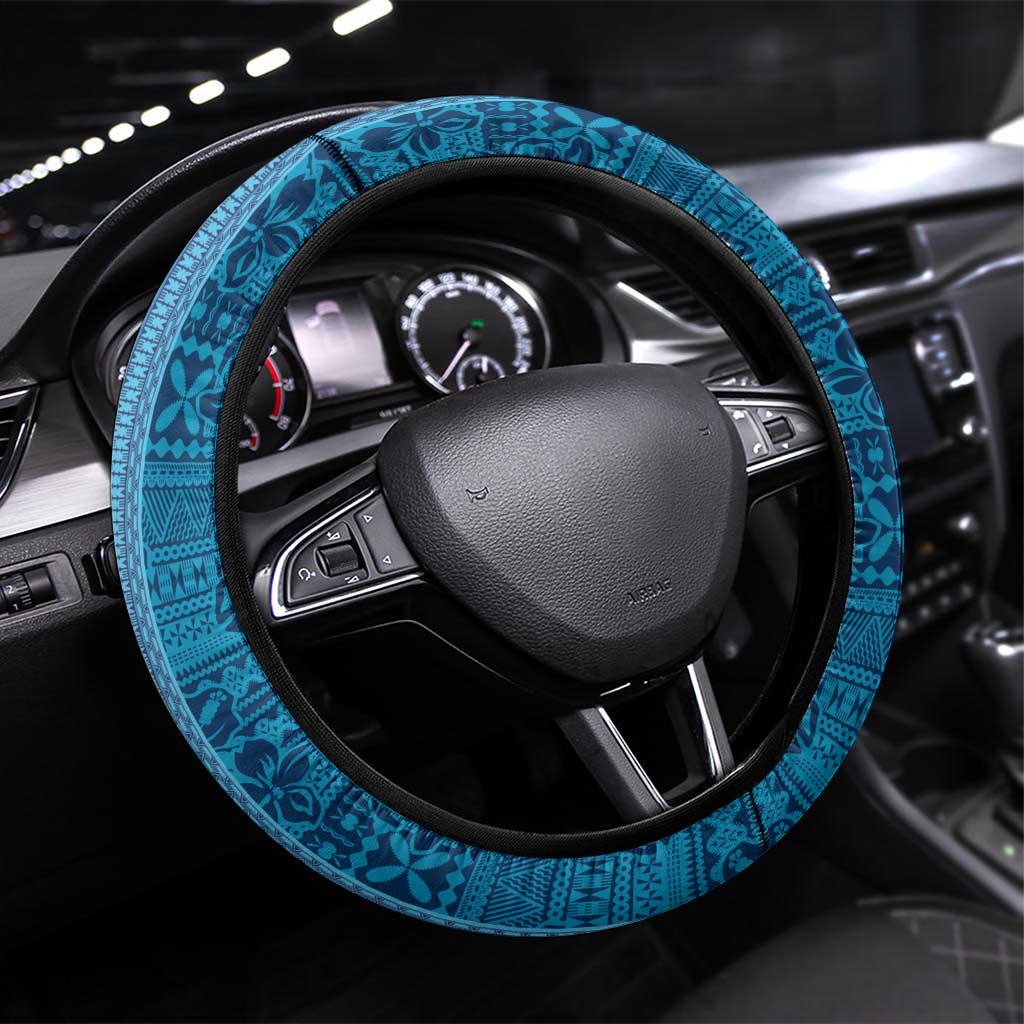 Aotearoa and Fiji Together Steering Wheel Cover Melanesian Warrior and Koru - Taniko with Hibiscus Tapa Pattern LT03 Universal Fit Blue - Polynesian Pride