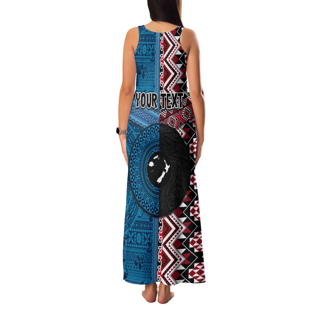 Personalised Aotearoa and Fiji Together Tank Maxi Dress Melanesian Warrior and Koru - Taniko with Hibiscus Tapa Pattern LT03 - Polynesian Pride
