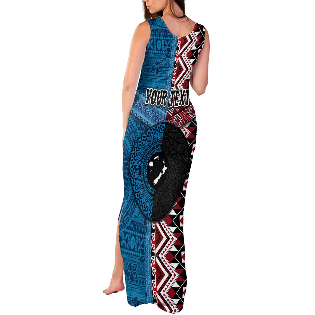 Personalised Aotearoa and Fiji Together Tank Maxi Dress Melanesian Warrior and Koru - Taniko with Hibiscus Tapa Pattern LT03 - Polynesian Pride