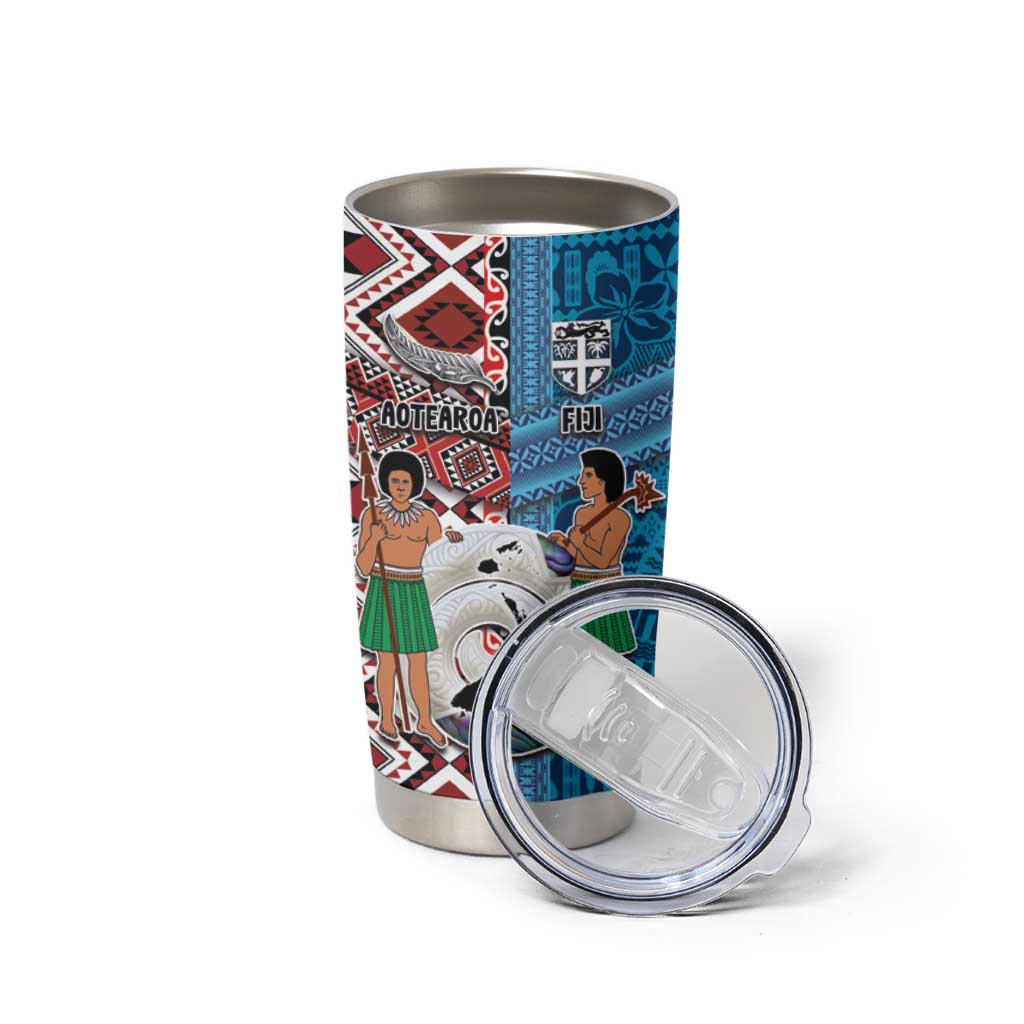 Personalised Aotearoa and Fiji Together Tumbler Cup Melanesian Warrior and Koru - Taniko with Hibiscus Tapa Pattern LT03 - Polynesian Pride