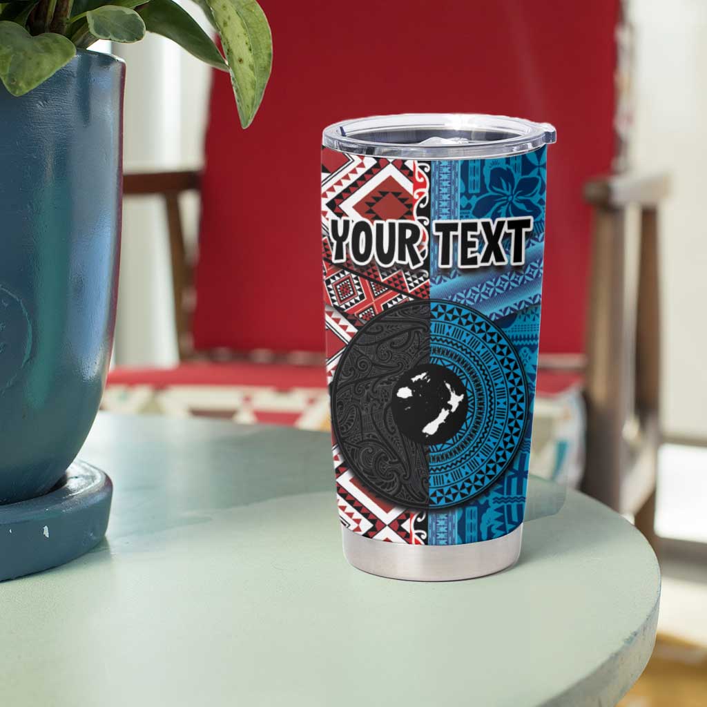 Personalised Aotearoa and Fiji Together Tumbler Cup Melanesian Warrior and Koru - Taniko with Hibiscus Tapa Pattern LT03 - Polynesian Pride