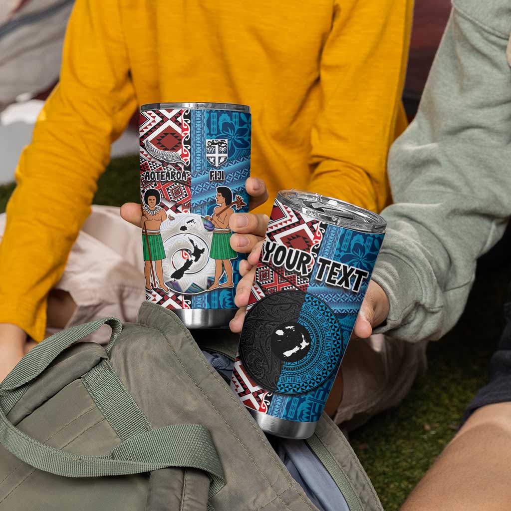 Personalised Aotearoa and Fiji Together Tumbler Cup Melanesian Warrior and Koru - Taniko with Hibiscus Tapa Pattern LT03 - Polynesian Pride