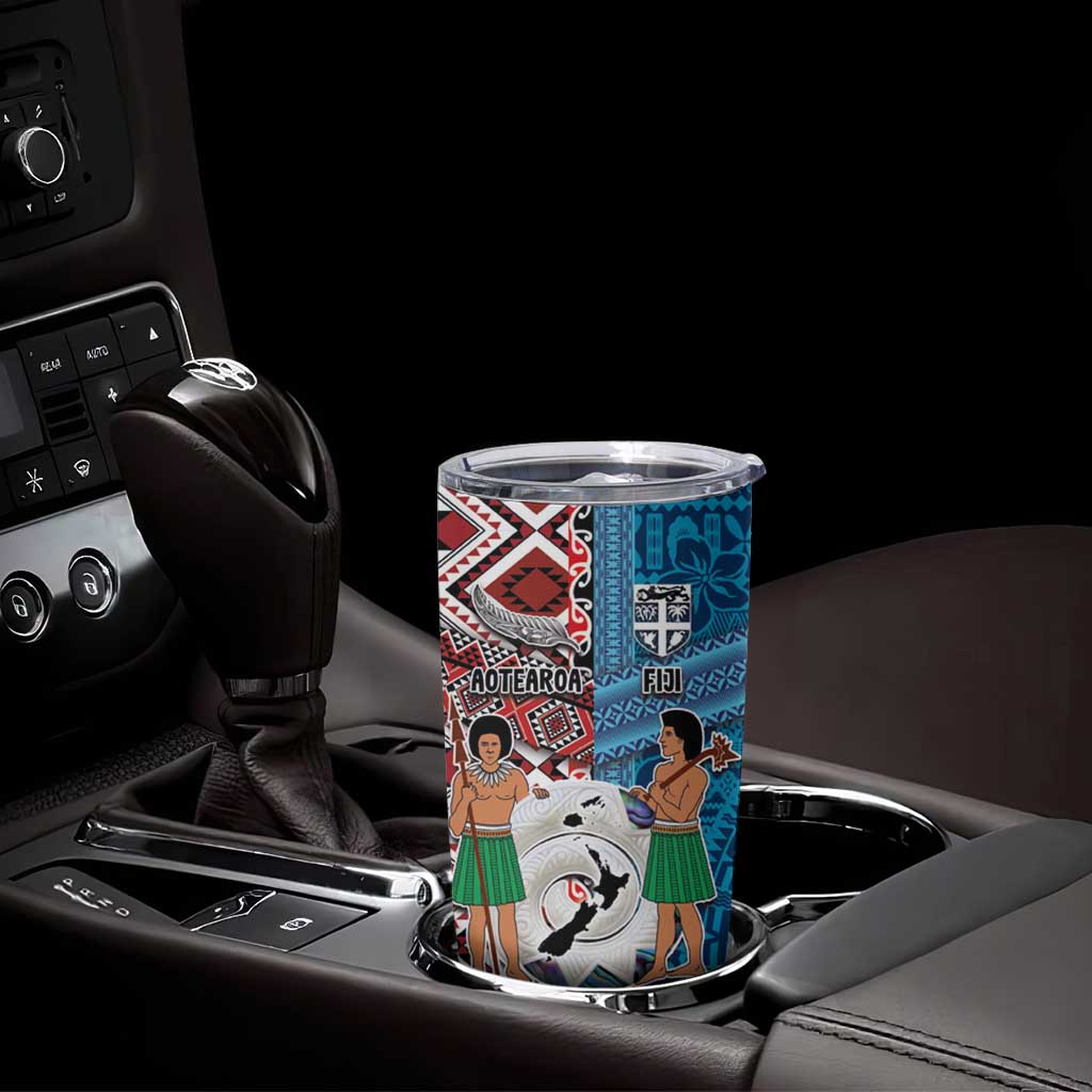 Personalised Aotearoa and Fiji Together Tumbler Cup Melanesian Warrior and Koru - Taniko with Hibiscus Tapa Pattern LT03 - Polynesian Pride