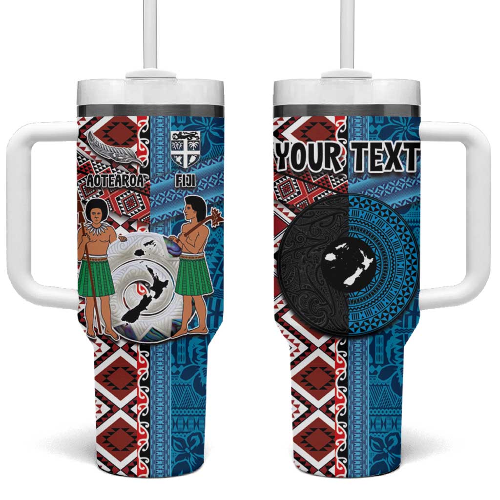 Personalised Aotearoa and Fiji Together Tumbler With Handle Melanesian Warrior and Koru - Taniko with Hibiscus Tapa Pattern LT03 One Size: 40 oz Blue - Polynesian Pride