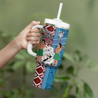 Personalised Aotearoa and Fiji Together Tumbler With Handle Melanesian Warrior and Koru - Taniko with Hibiscus Tapa Pattern LT03 - Polynesian Pride