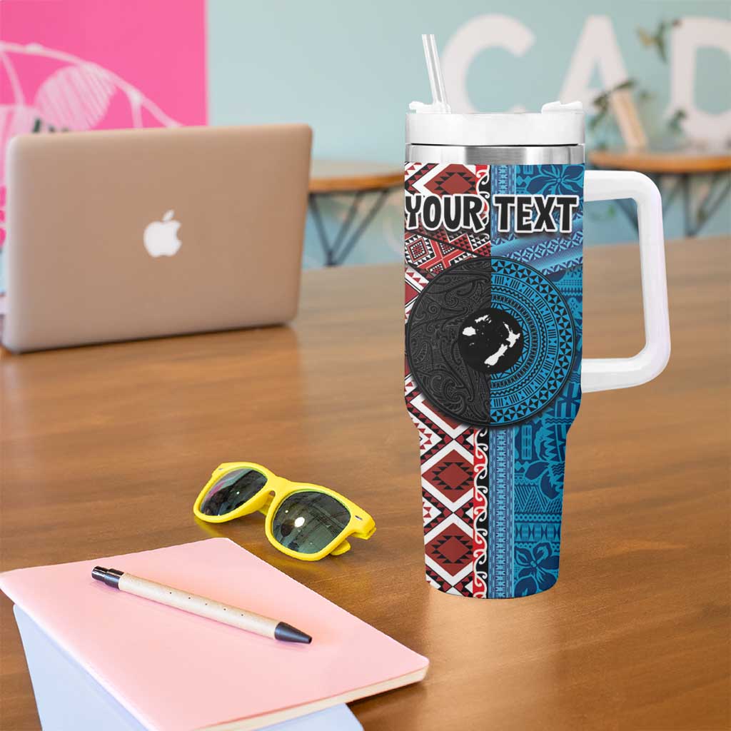 Personalised Aotearoa and Fiji Together Tumbler With Handle Melanesian Warrior and Koru - Taniko with Hibiscus Tapa Pattern LT03 - Polynesian Pride