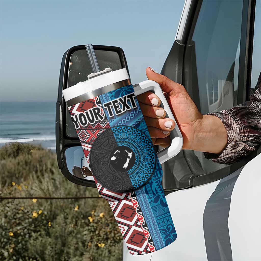 Personalised Aotearoa and Fiji Together Tumbler With Handle Melanesian Warrior and Koru - Taniko with Hibiscus Tapa Pattern LT03 - Polynesian Pride