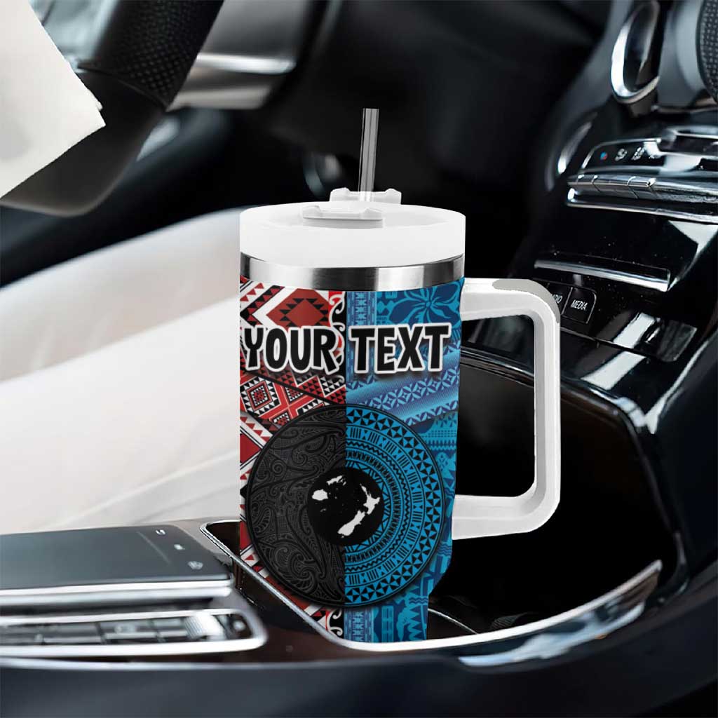 Personalised Aotearoa and Fiji Together Tumbler With Handle Melanesian Warrior and Koru - Taniko with Hibiscus Tapa Pattern LT03 - Polynesian Pride