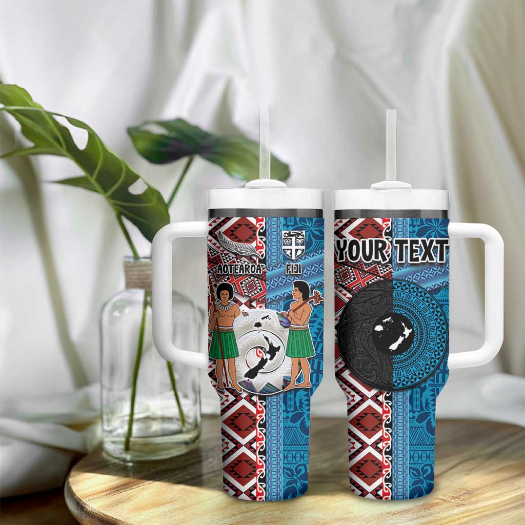 Personalised Aotearoa and Fiji Together Tumbler With Handle Melanesian Warrior and Koru - Taniko with Hibiscus Tapa Pattern LT03 - Polynesian Pride