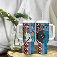 Personalised Aotearoa and Fiji Together Tumbler With Handle Melanesian Warrior and Koru - Taniko with Hibiscus Tapa Pattern LT03 - Polynesian Pride